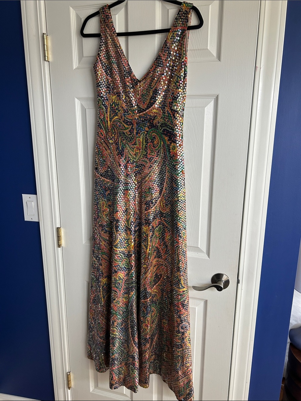 Vintage 70’s Sequin Paisley V-Neck Evening Dress in Multicolor